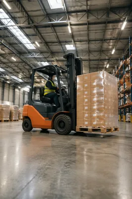Forklift Moving Shipping Boxes in Warehouse