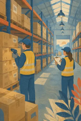 Warehouse Workers Checking Inventory in Aisle