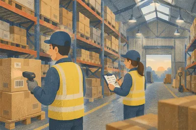 Warehouse Workers Checking Inventory Boxes