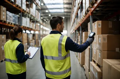 Warehouse Workers Checking Inventory Boxes