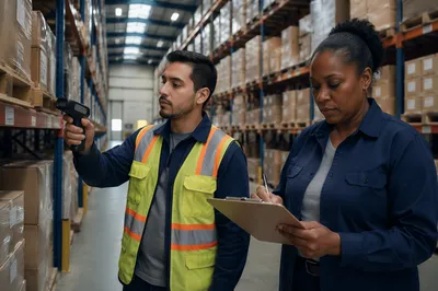 Warehouse Workers Checking Inventory in Aisle