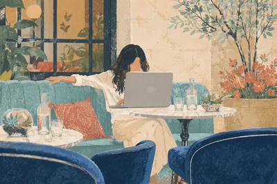 Woman Working Remotely at Outdoor Cafe