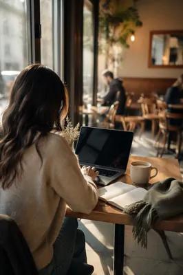 Woman Working Remotely in Cozy Cafe