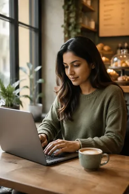 Young Woman Working on Laptop in Cafe