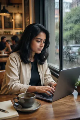Young Woman Working in Cozy Cafe
