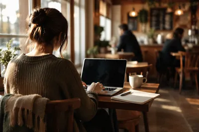 Woman Remote Working in Quiet Cafe