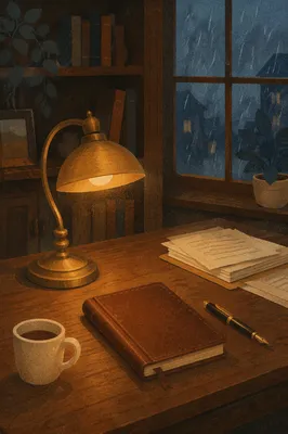 Vintage Wooden Desk with Brass Lamp