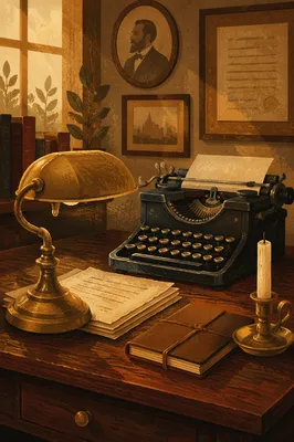 Vintage Wooden Desk with Brass Lamp