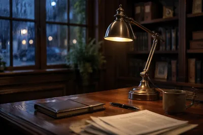 Vintage Wooden Desk with Brass Lamp