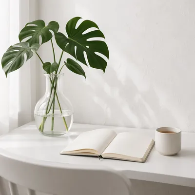 Minimal Zen Desk with Tea and Greenery