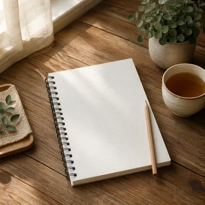 Minimal Zen Desk with Journal and Tea