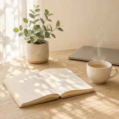 Minimal Zen Desk with Tea and Journal
