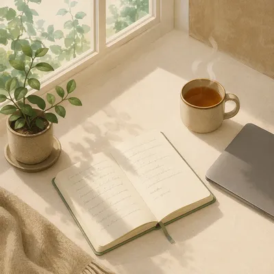 Minimal Zen Desk with Tea and Journal