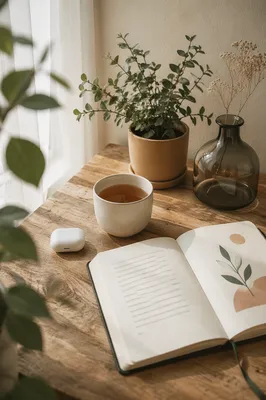 Minimal Zen Desk With Tea and Journal