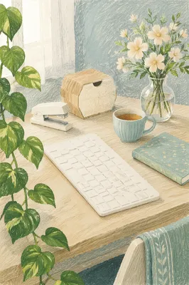 Zen Minimal Desk with Tea and Journal