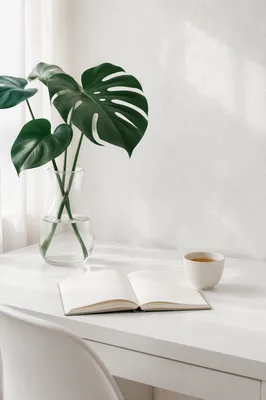 Calm Minimal Desk with Tea and Tropical Leaves