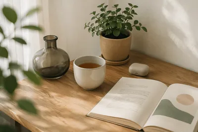 Minimal Zen Desk with Tea and Journal