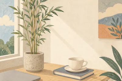 Calm Minimal Desk With Plant and Tea
