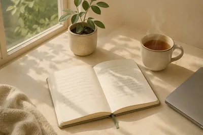 Minimal Zen Desk with Plant and Tea