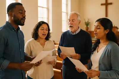 A Cappella Group Singing in Sunlit Chapel