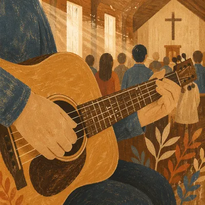 Close-Up Acoustic Guitar Worship in Wooden Chapel