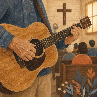 Close-Up Acoustic Guitar Worship in Wooden Chapel