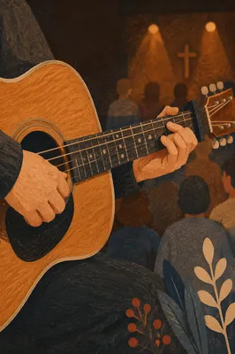 Acoustic Guitar Worship Close-Up in Warm Church Light
