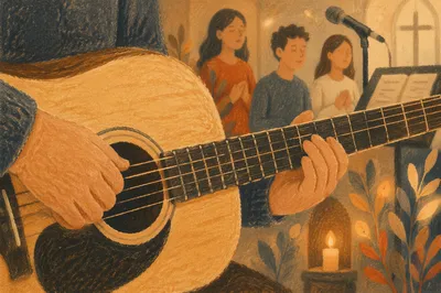 Close-Up Acoustic Guitar in Worship Gathering