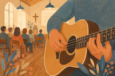 Close-Up Acoustic Guitar in Worship Gathering