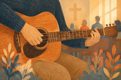 Close-Up Acoustic Guitar During Quiet Worship