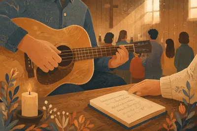 Intimate Acoustic Guitar Worship in Wooden Chapel