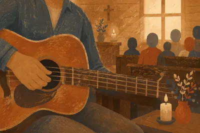 Close-Up Acoustic Guitar Worship in Wooden Chapel