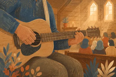 Acoustic Guitar Worship in Warm Chapel Light
