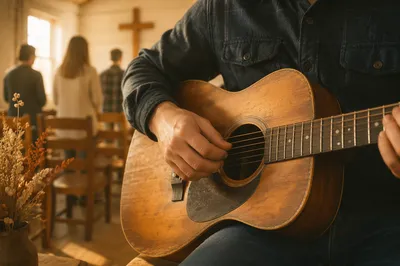 Acoustic Guitar Worship in Wooden Chapel