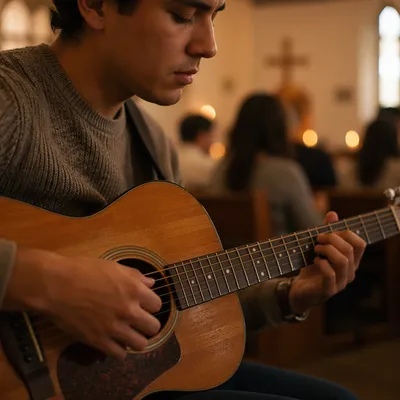 Close-Up Acoustic Guitar Worship Moment