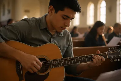 Close Up of Acoustic Guitar Player