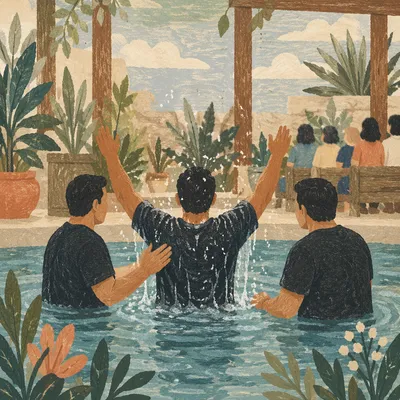 Joyful Adult Baptism in Church Courtyard Pool