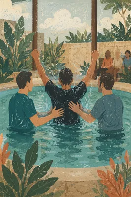 Joyful Adult Baptism in Church Courtyard Pool