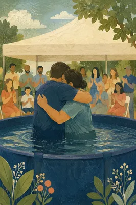 Outdoor Adult Baptism Embrace at Church Gathering