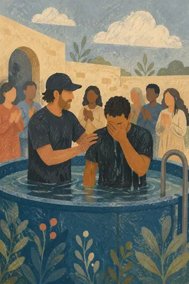 Adult Baptism in Church Courtyard Pool
