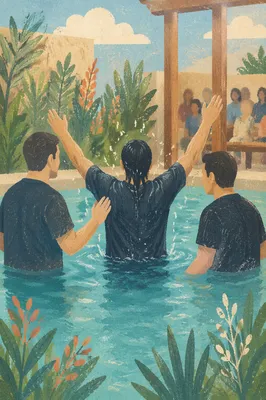 Joyful Adult Baptism in Church Courtyard Pool