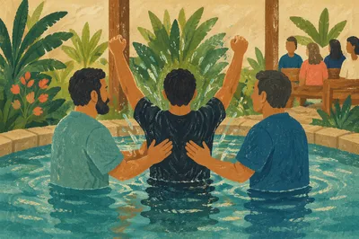 Joyful Adult Baptism in Church Courtyard