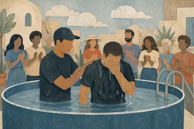 Adult Baptism Celebration in Church Courtyard