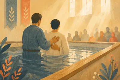 Adult Baptism in Warm Church Light