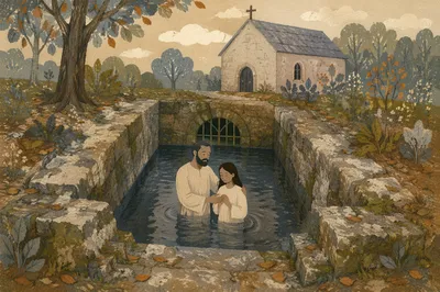 Weathered Stone Adult Baptism Pool by Rural Church
