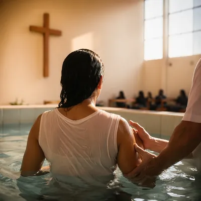 Adult Baptism in Warm Church Light