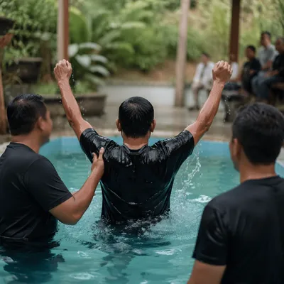 Joyful Adult Baptism in Church Courtyard Pool