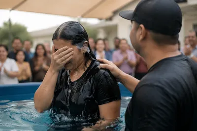 Adult Baptism in Church Courtyard Pool