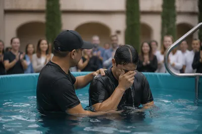 Adult Baptism in Church Courtyard