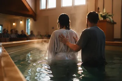 Adult Baptism in Warm Church Morning Light
